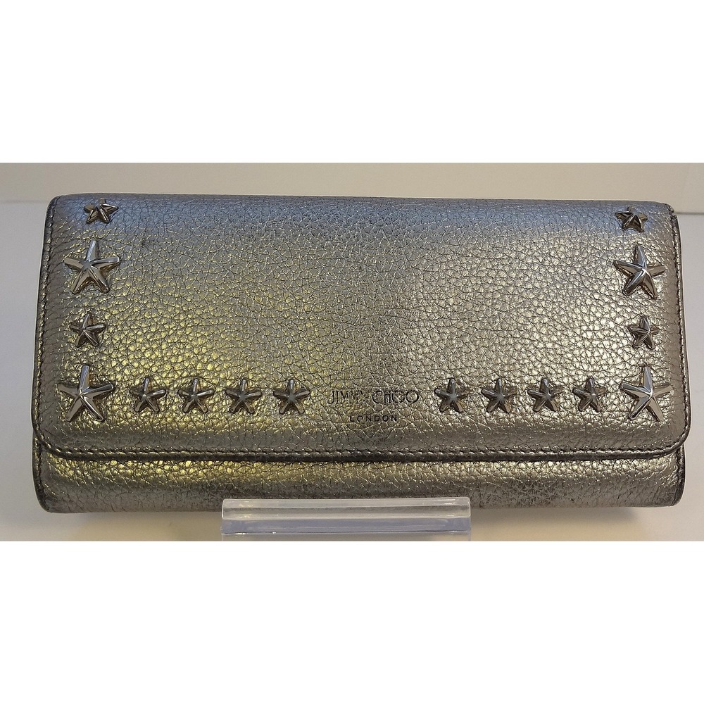 Jimmy Choo London Silver Metallic Leather Star Studded Continental Wallet Clutch